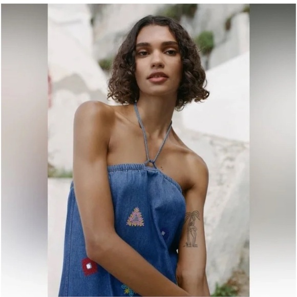 Zara Denim Embroidered Geo Shapes Midi Halter Dress XS - Picture 4 of 16